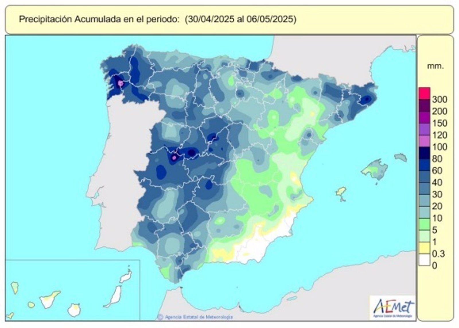Las lluvias acumuladas en este año hidrológico suben a 570 lm2, un 20% más de lo normal.   AEMET