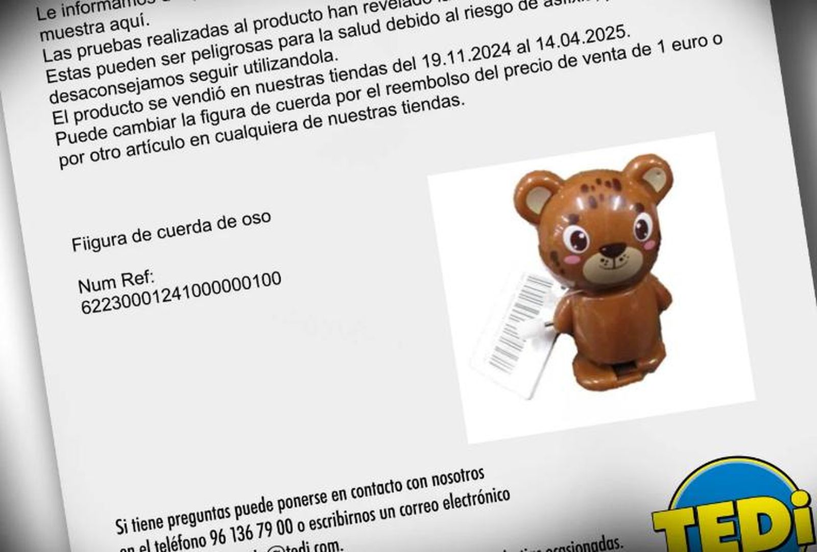 Oso de cuerda de Tedi retirado de la venta por contener piezas pequeñas peligrosas para los menores. Foto FACUA