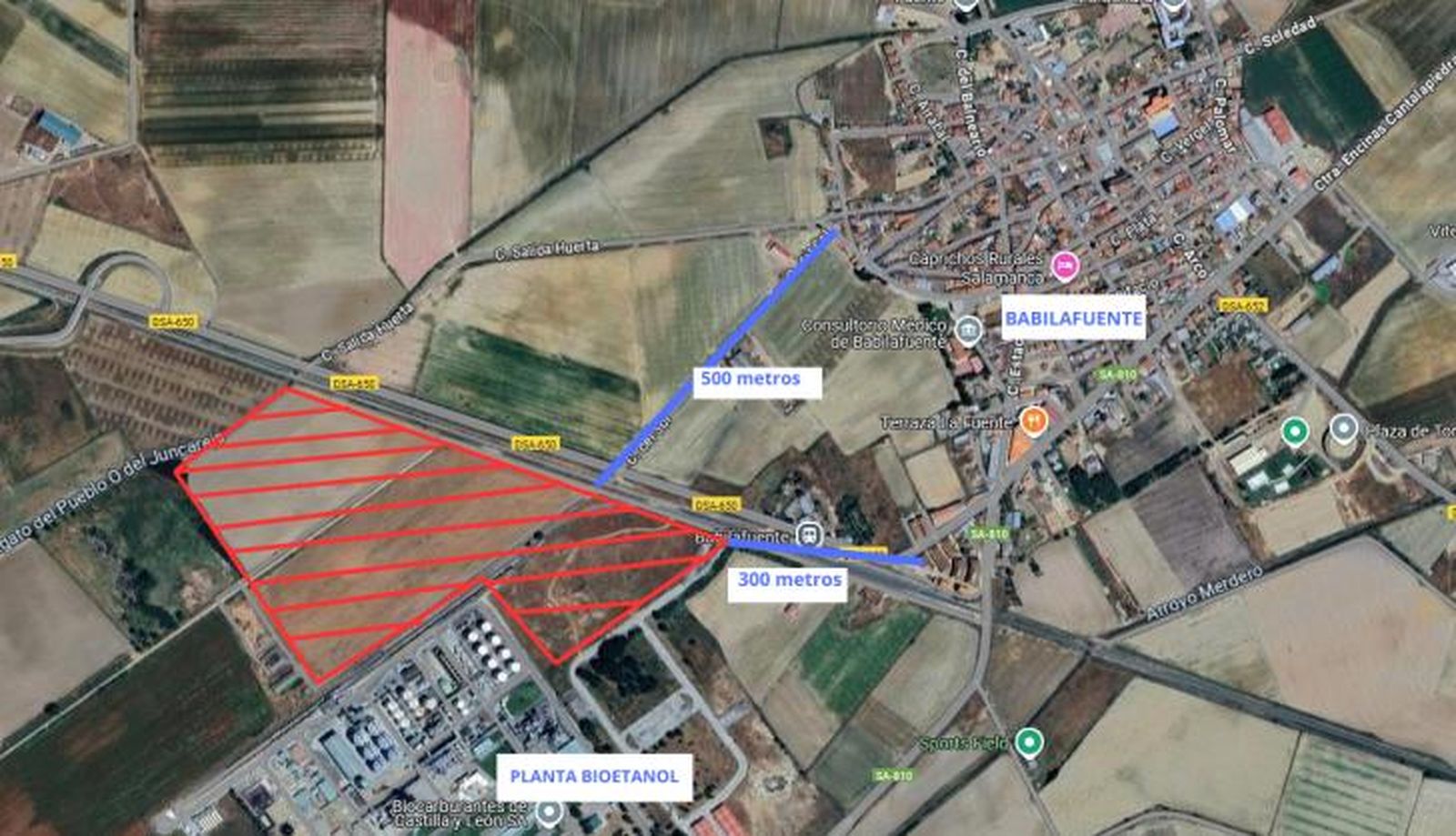Ubicación de los terrenos afectados por la planta de biometanol y cercanía con Babilafuente