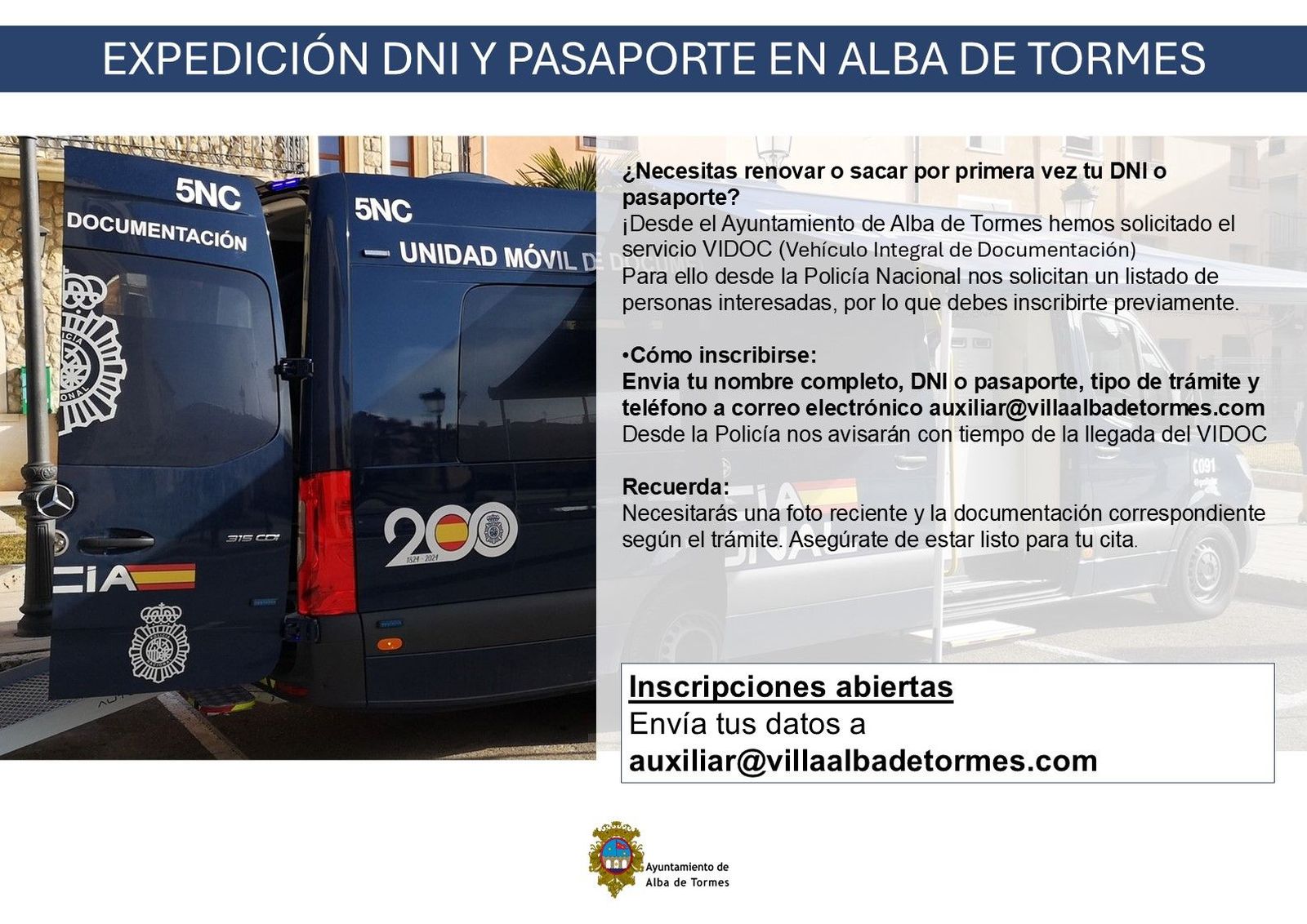 El DNI y el pasaporte llegarán a Alba de Tormes con el nuevo Vehículo Integral de Documentación de la Policía Nacional