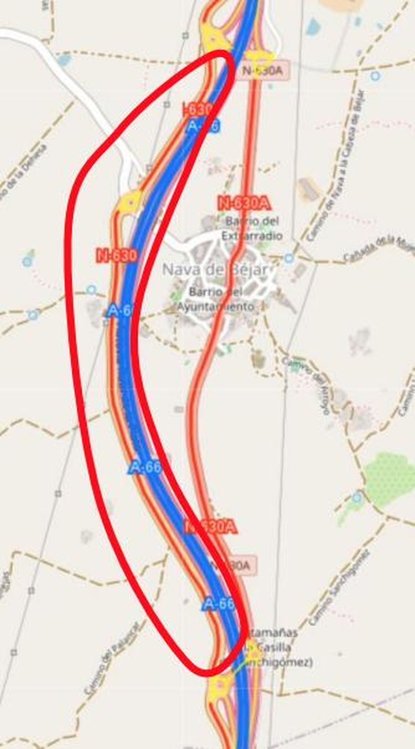 Zona de actuación en vía de servicio A-66, puntos kilométricos del 397+800 hasta el 399+800