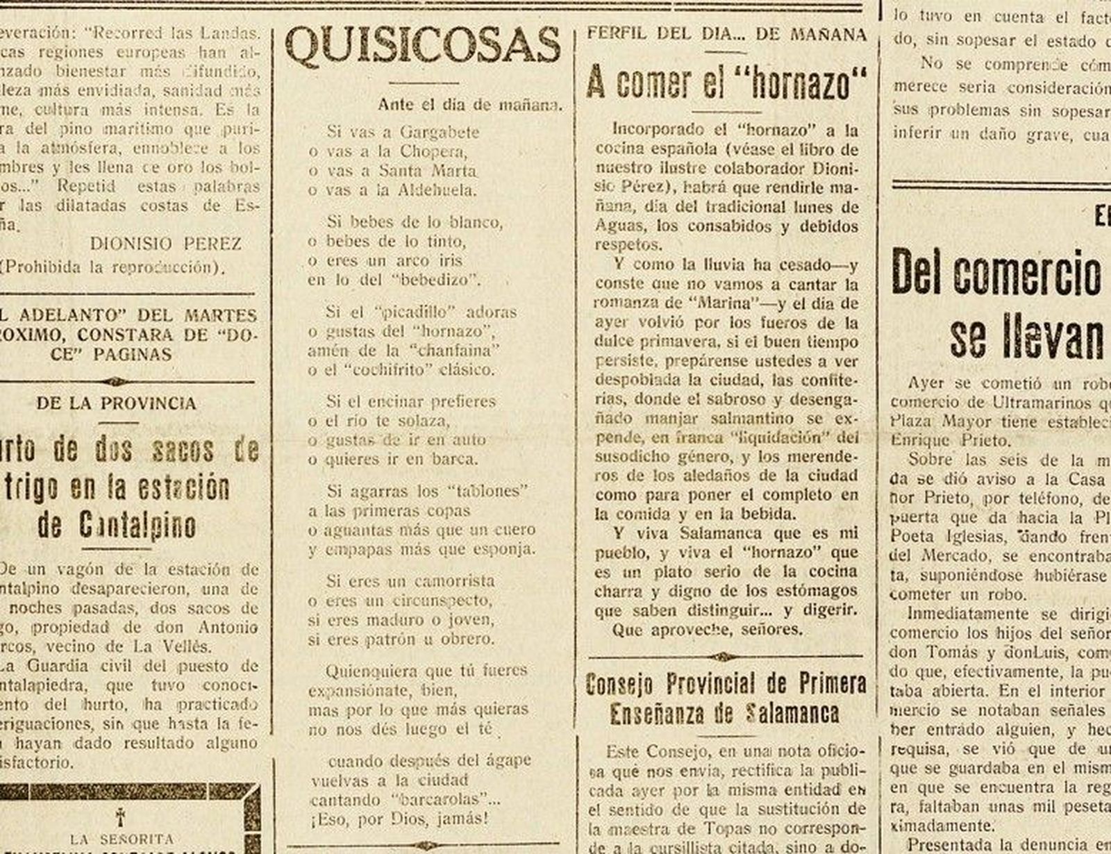 El Hornazo y el Lunes de Aguas. El Adelanto 23 abril de 1933